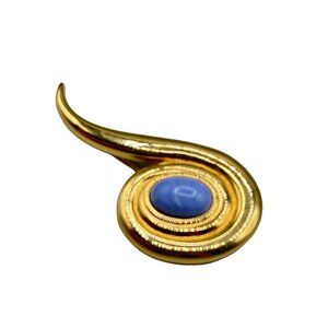 Vintage Signed MONET Swirl Pin Brooch with Light Blue Glass Cabochon Spiral Pin